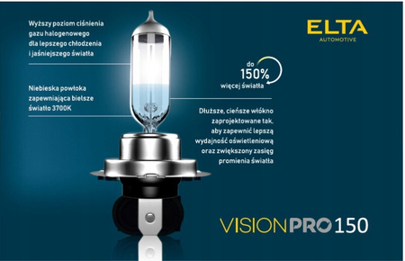 ŻARÓWKI ELTA H4 12V 60/55W P43t VISIONPRO +150% HOMOLOGACJA E1 + GRATISY