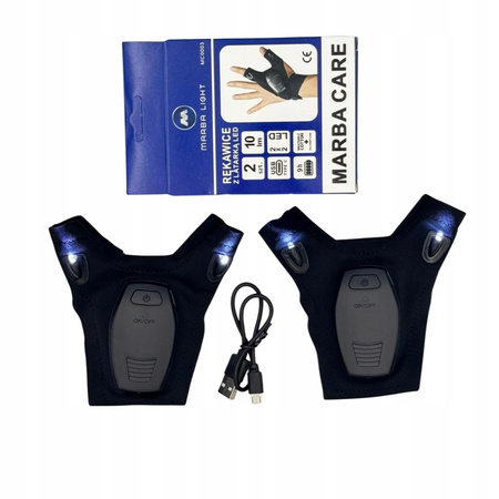 RĘKAWICZKI Z LATARKĄ LED MARBA AKUMULATOR USB ŁADOWARKA DLA MECHANIKÓW ROWERZYSTÓW WĘDKARZY TREKKING BIEGANIE PREZENT