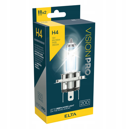 ŻARÓWKI ELTA H4 12V 60/55W PX26d VISIONPRO +200% HOMOLOGACJA E1 EU + GRATIS