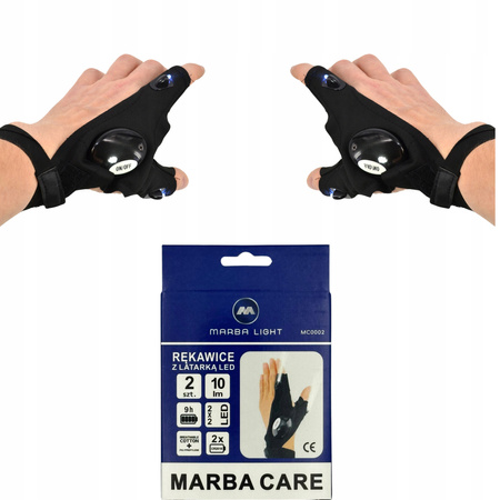 RĘKAWICZKI Z LATARKĄ LED MARBA DLA MECHANIKÓW ROWERZYSTÓW WĘDKARZY TREKKING BIEGANIE PREZENT