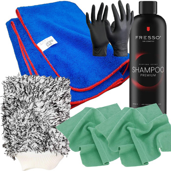MAXI ZESTAW DO MYCIA AUTA RĘCZNIK-FLUFFY FRESSO-SHAMPOO RĘKAWICA MIKROFIBRY