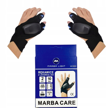 RĘKAWICZKI Z LATARKĄ LED MARBA AKUMULATOR USB ŁADOWARKA DLA MECHANIKÓW ROWERZYSTÓW WĘDKARZY TREKKING BIEGANIE PREZENT