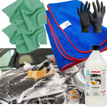 KOMPLETNY ZESTAW DO MYCIA I OSUSZANIA AUTA RĘCZNIK FLUFFY GĄBKA MIKROFIBRY SZAMPON AUTOLAND